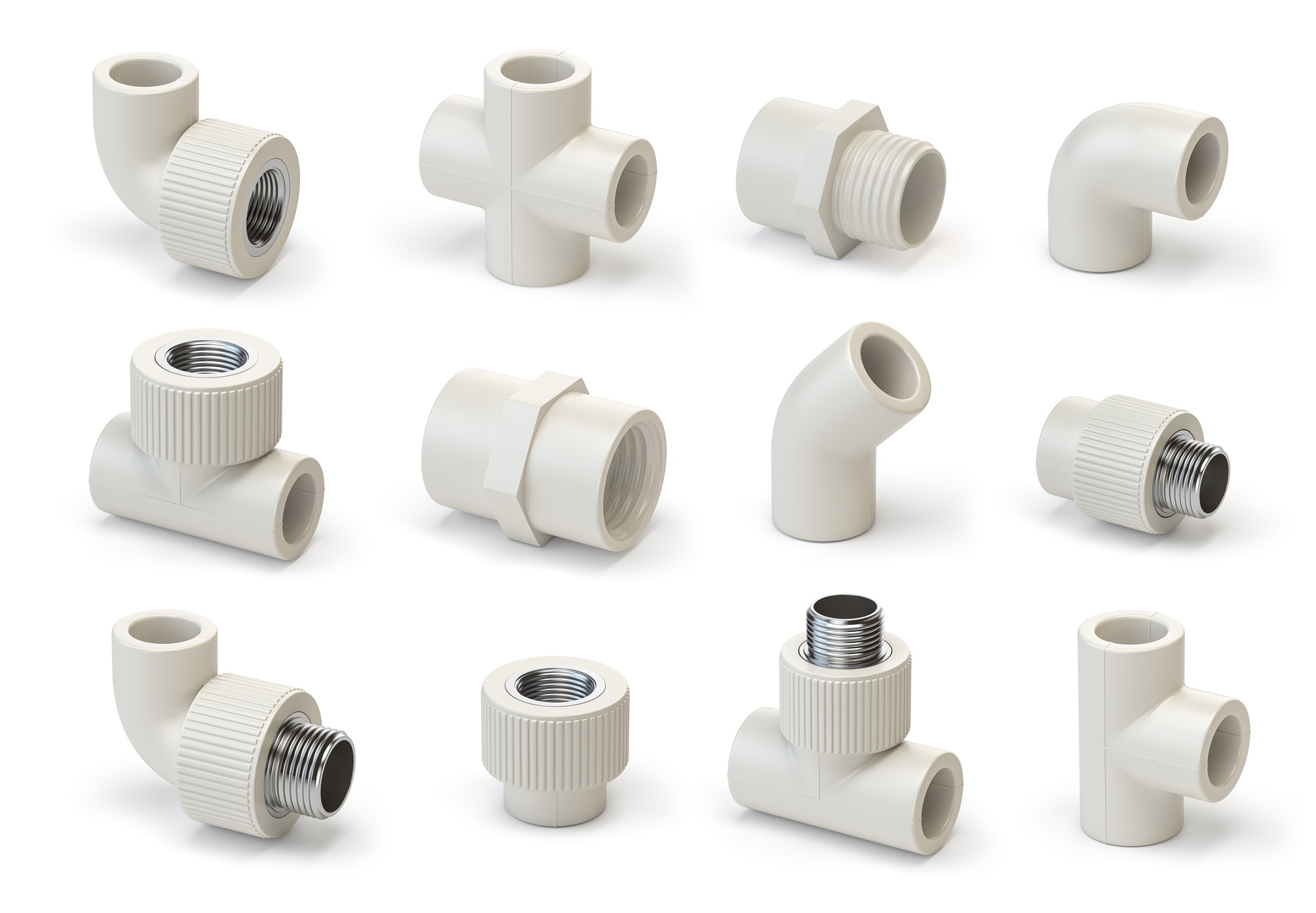 Set of PVC pipe fittings isolated on white.